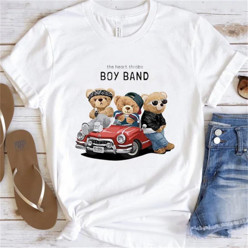 Cute Bear Print Shirts White Fashion Women T-Shirts Harajuku Kawaii Clothes Short Sleeve Summer Tees Casual Female Tops O-Neck
