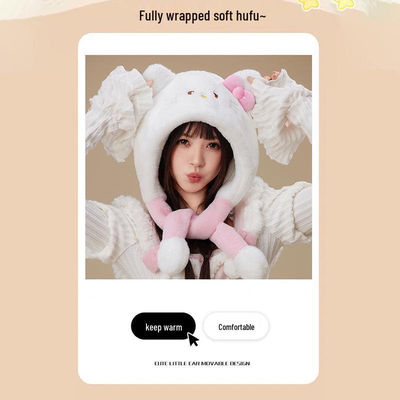 Women's Warm Fleece Cartoon Cat Hat with Moving Ears & Ear Muffs for Autumn/Winter