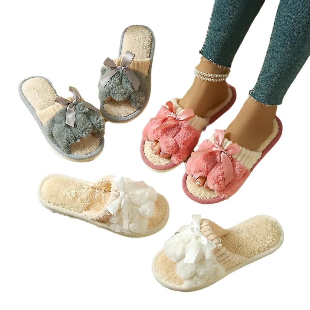 2025Bow Decorative Plush Slippers For Women Autumn Winter Warm Indoor Home Soft Sole Lightweight Slides Furry Cotton Shoes