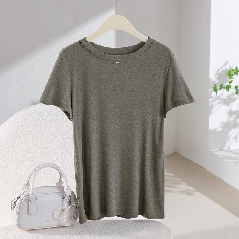 Hangzhou 2026 Women s Summer Silk Lyocell T-shirt with Decorative Buckle M горный серый