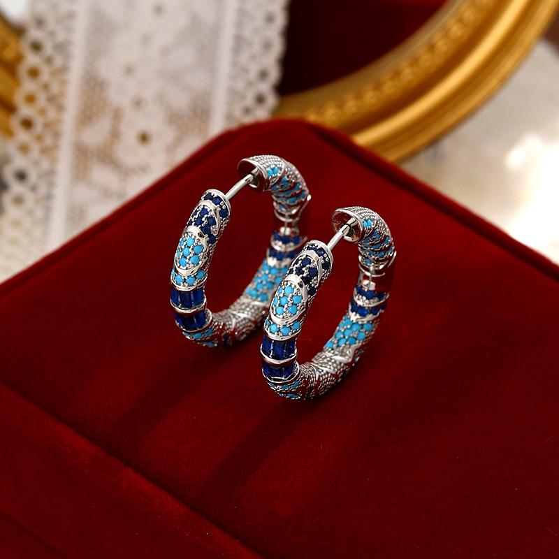 2026 New Arrival Luxury Elegant Bohemian Blue Zircon Enamel Hoop Earrings for Women Fashion Simple Geometry Party Jewelry Gifts