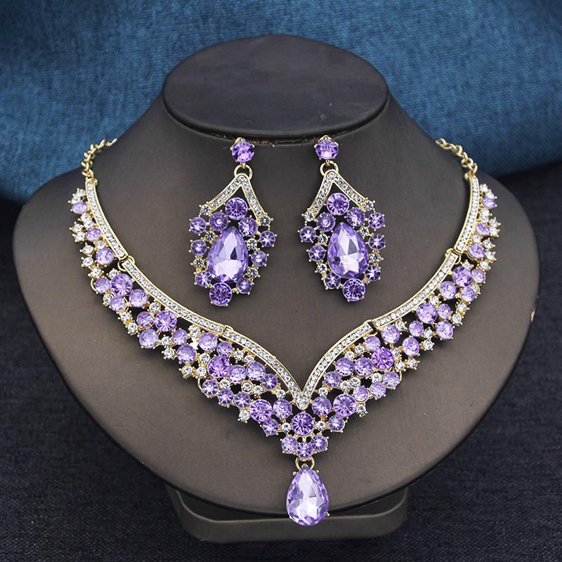 Elegant 2pcs Rhinestone Crystal Choker Necklace Sets for Women Fashion Jewelry Sets Bridal Wedding Dubai Necklace Earrings Set