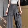 Women's Gray Lace Patchwork High-Waisted Wide-Leg Pants - Summer Fashion Floor-Length Slimming Suit