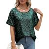 Women Tops Round Neck Short Sleeve Loose Fit Tee Shirt Sparkling Sequins Casual Shirt Versatile Summer Tops