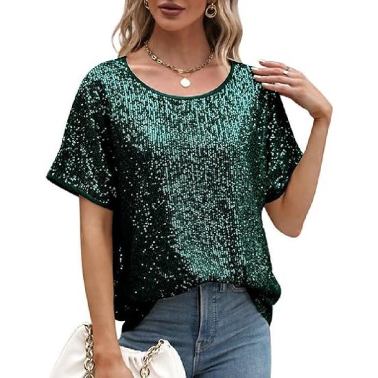 Women Tops Round Neck Short Sleeve Loose Fit Tee Shirt Sparkling Sequins Casual Shirt Versatile Summer Tops