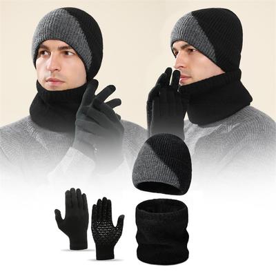 Wintermütze für Herren, farblich abgestimmtes Kaschmir-Strickmützen-Handschuh-Set, dreiteilige, dicke, kältebeständige Mütze