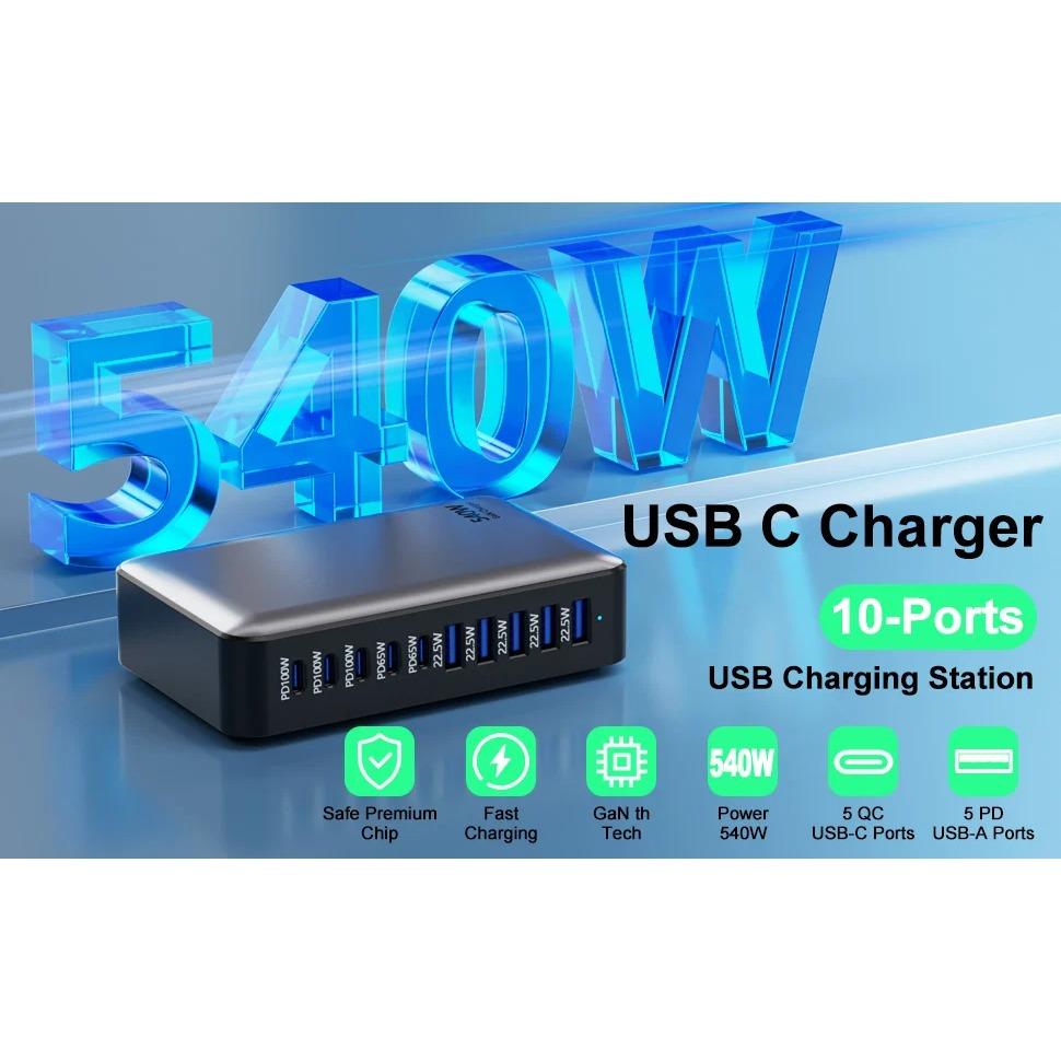 540W GaN High Power Multi-Port Fast Charger Multiple Charging Station for Iphone, for MacBook, for Samsung Etc