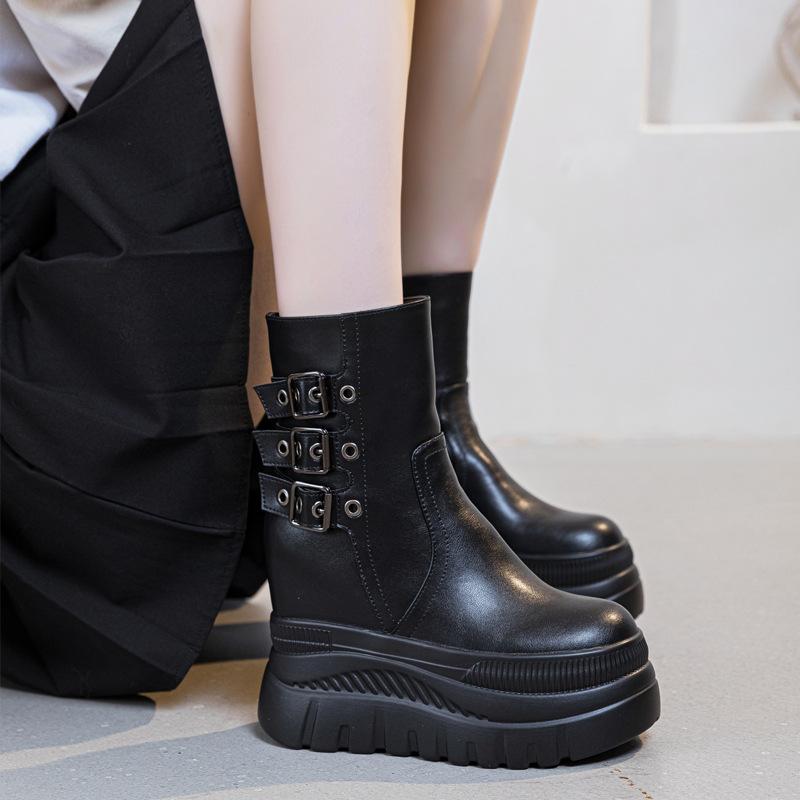 Super high heel thick-soled medium tube women's leather boots, new solid color belt buckle in autumn and winter 2025, heightening short boots tide