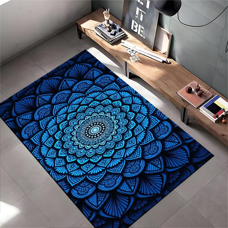Area Rug, Mandala Flower Blue Dark Zentangle Pattern Print, Living Room Decor, Non-Slip Mat
