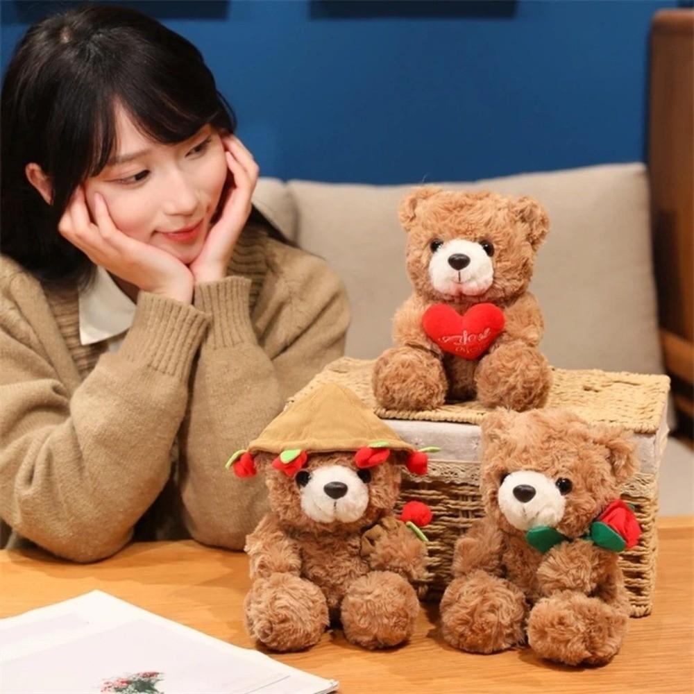 Roter Herzbär Plüschtier 16/25CM Bär mit Rose Puppe Kreativer Liebesbär Puppe Heimdekoration