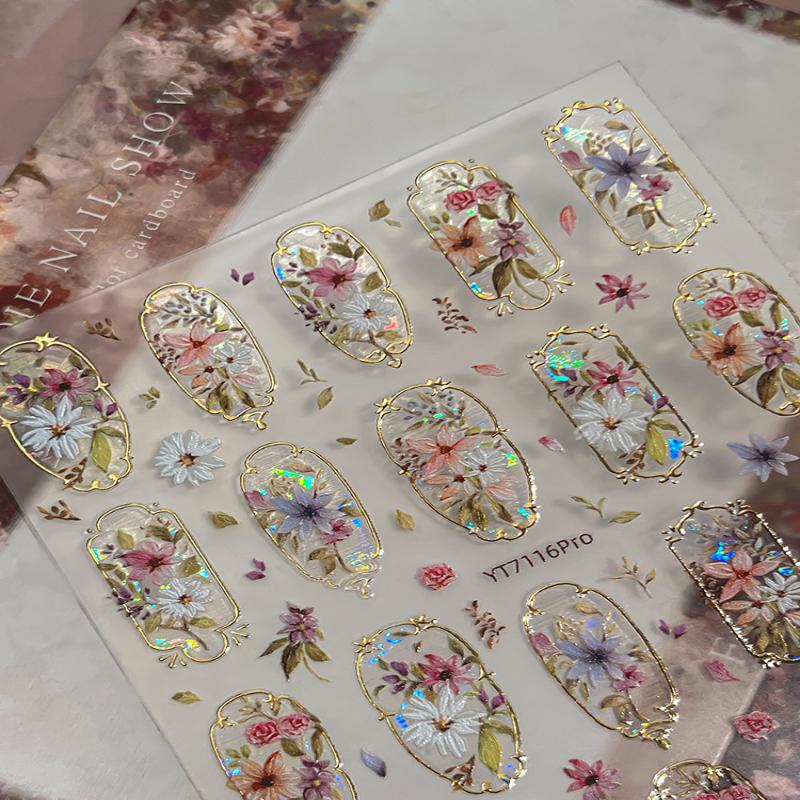 5D Embossed Flower Nail Art Stickers Glitter Laser Petal Self Adhesive Nail Slider Decals Decorations Accessories Diy