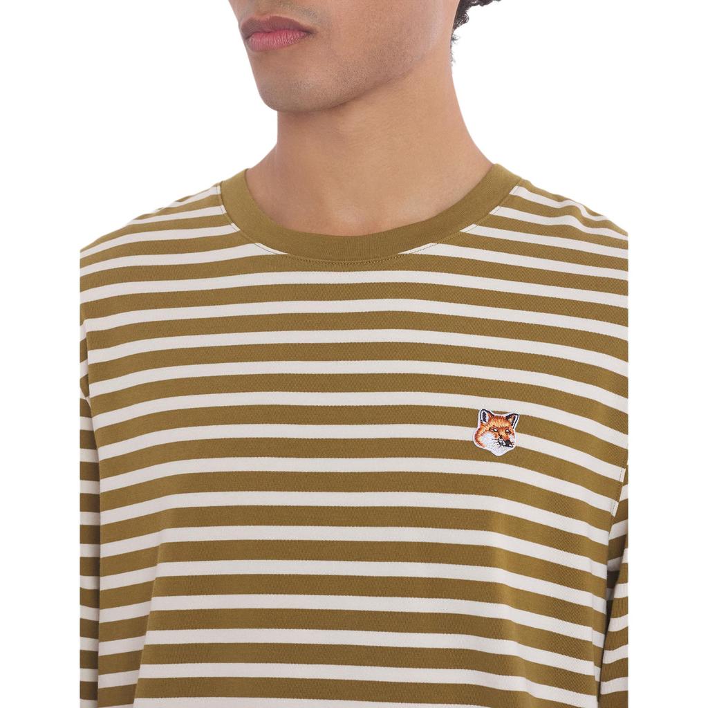 Maison Kitsune Ss24 Fox Head Patch Striped Crew Neck Pullover Long Sleeve T-Shirt Men Tops Khaki-Green LM00105KJ0046-S394