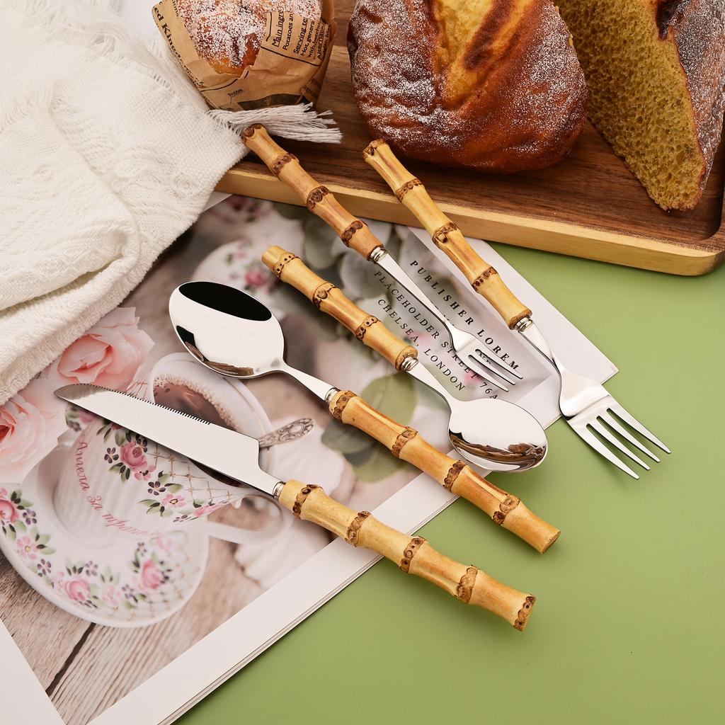 16 PCS Bamboo Handle Flatware Set, Stainless Steel Silverware Set for 4, Knives Forks Spoons and Tea Fork Set, Use For Home Kitchen Party and Travel