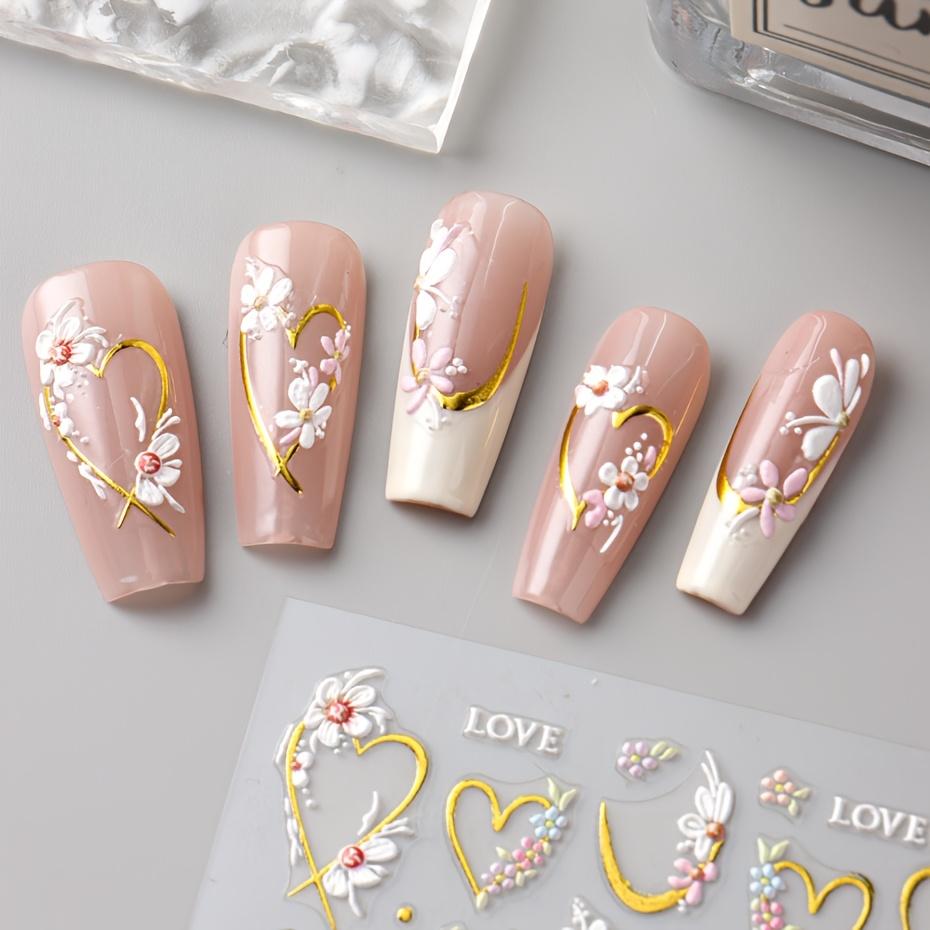5D French Nail Stickers - Floral & Geometric Love Decor, Golden Frame, Cherry Blossom Design, Self-Adhesive Acrylic Embossed Sliders for Manicure