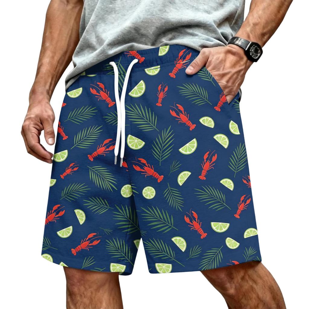 Men's Hawaiian Print Mesh Shorts with Drawstring Elastic Waist for Summer Beach