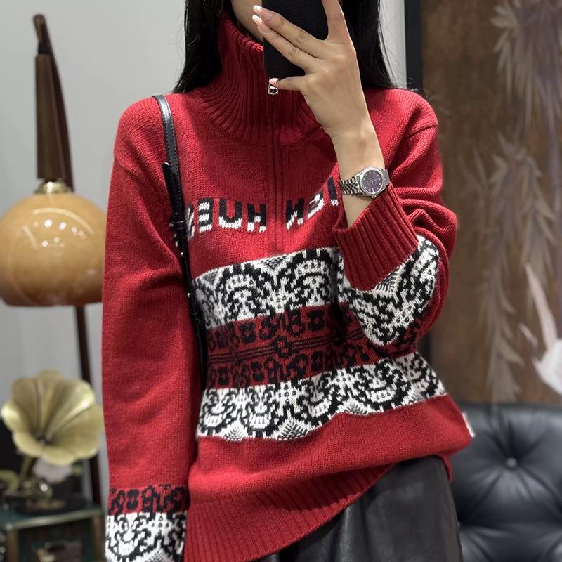 Women's High-Neck Jacquard Wool Half-Zip Cardigan - Autumn/Winter Fashion