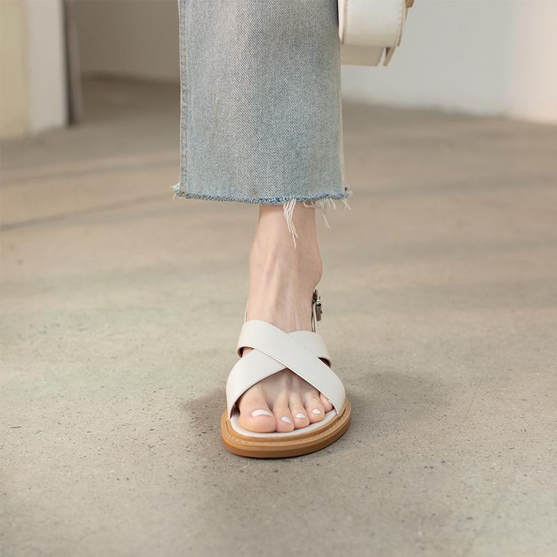 Nové letní sandály dámské kulatá špička nízký podpatek módní boty dámské pravá kůže jednobarevné jednoduché sandály pro ženy