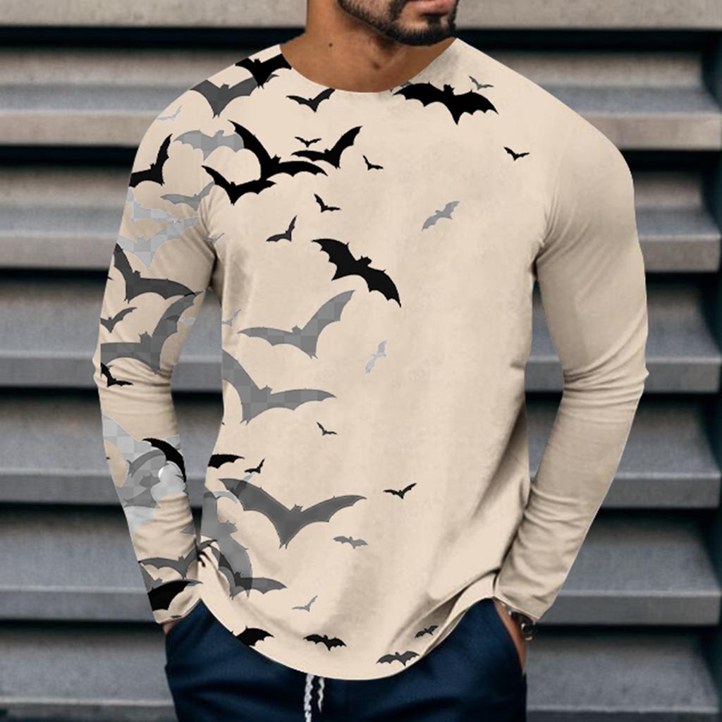 Spring and Autumn Round Neck 3D Bat Printed Top Fashionable Casual Long Sleeved Men's T-shirts