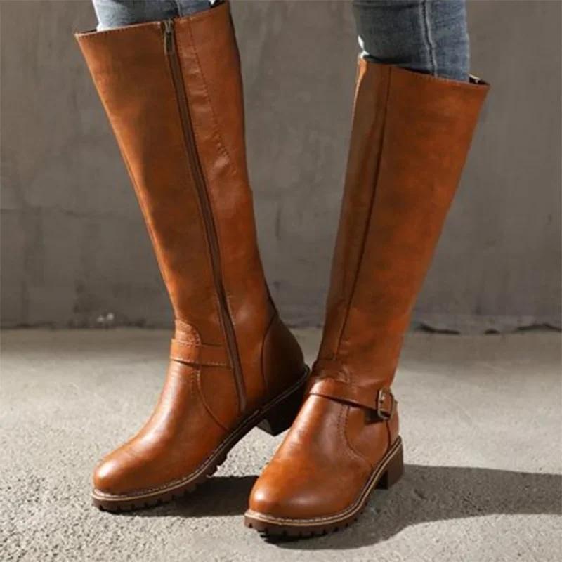 Women Leather Knee High Boots Women's Buckle Long Knight Boots Female Combat Boots Women Low Heels Shoes Plus Size 43