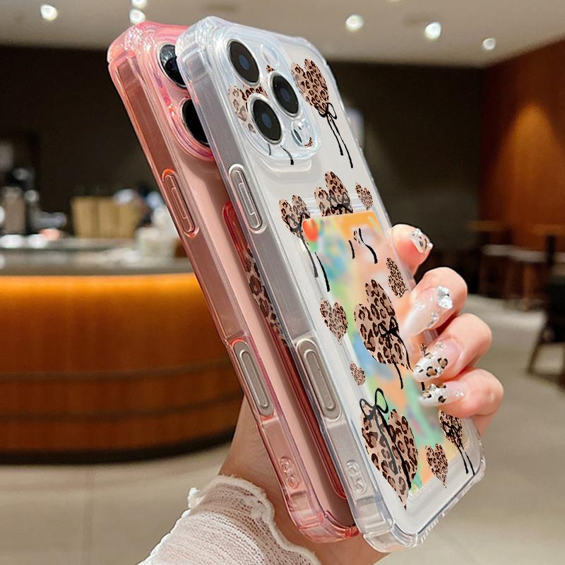 Card Slot Pocket TPU Case For iPhone 17 Pro Air 16e 16 15 14 13 Pro Max 12 11 Leopard Print Love Heart Pattern Soft Phone Cover