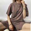 Hirsionsan Soft Cotton Sets Women 2021 New Casual Two Pieces Short Sleeve T Shirts and High Waist Shorts Solid Outfits Tracksuit