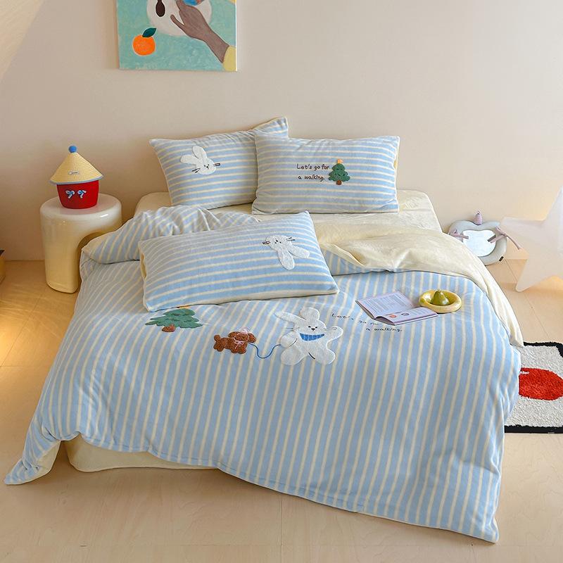 Cartoon Sticker Embroidered Thickened Milk Fleece Four-Piece Set Coral Fleece Thermal Bed Sheet Quilt Cover Student Bedding