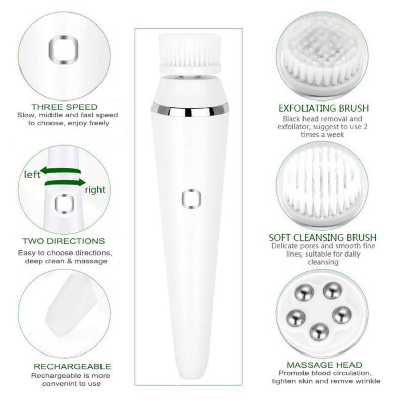 4 in 1 Electric Facial Cleansing Brush Sonic Waterproof Rotate Rechargeable Face Cleaning Tool Pore Cleaner Facial Skin Machine