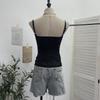 American Spicy Girl Lace PU Leather Patchwork See-Through Camisole with Chest Pads and Shirred Back Top