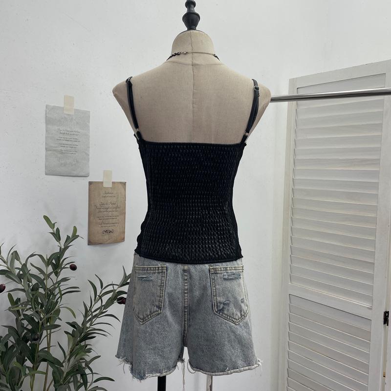 American Spicy Girl Lace PU Leather Patchwork See-Through Camisole with Chest Pads and Shirred Back Top