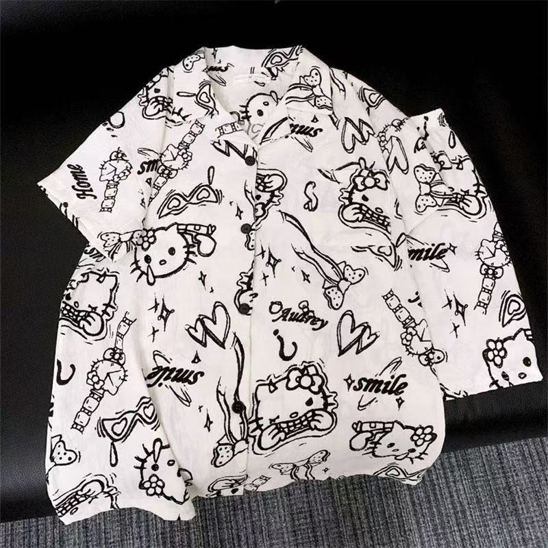 

Premium graffiti style KT cat pajamas women s summer short-sleeved shorts cardigan set girl casual loungewear S