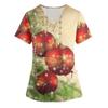 Plus Size Printed Scrub Working Uniform Tops For Women's Cross V-Neck Christmas Print Short Sleeve Fun T-Shirts Workwear Tee With Pockets