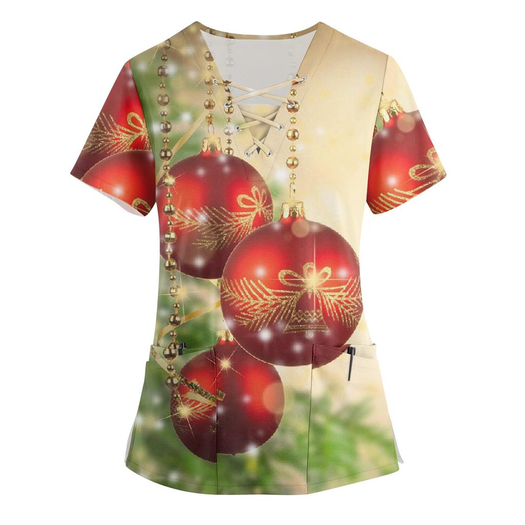 Plus Size Printed Scrub Working Uniform Tops For Women's Cross V-Neck Christmas Print Short Sleeve Fun T-Shirts Workwear Tee With Pockets