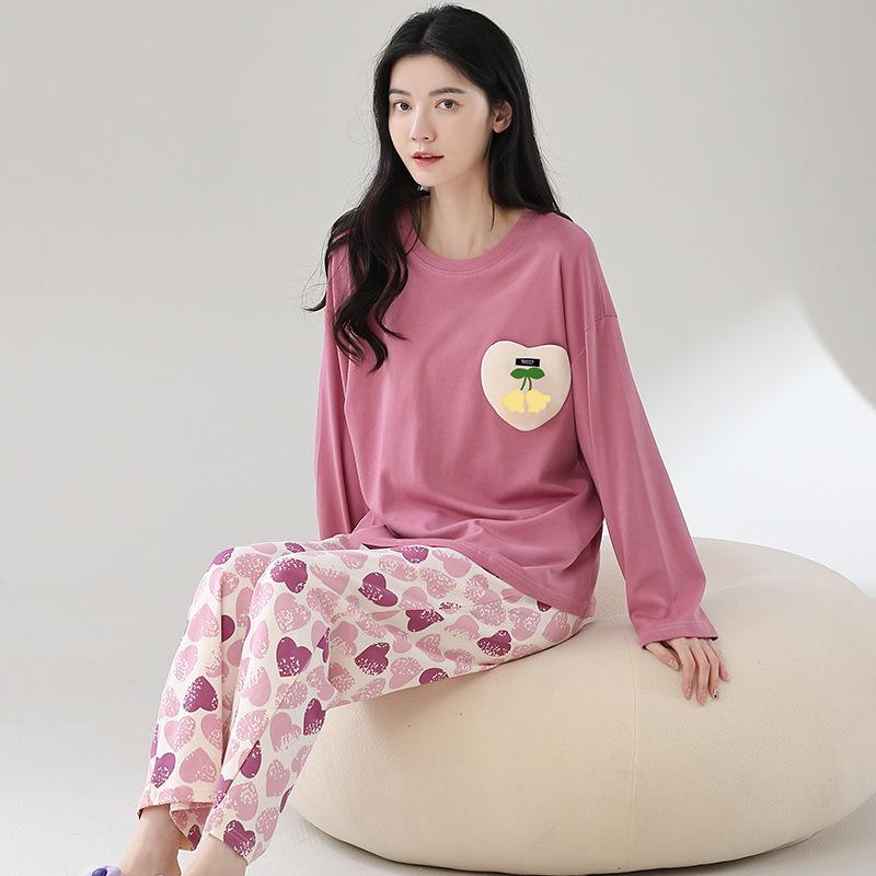 Ensemble de Pyjama pour Femme 100% Coton – Respirant, Absorbant la Sueur, Manches Longues Col Rond pour Porter à l'Intérieur et à l'Extérieur (Automne hiver)
