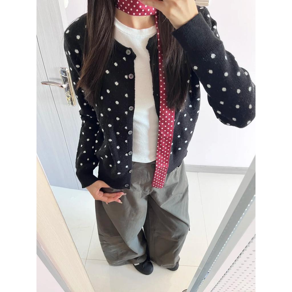 Temperament Contrasting Polka Dot Knitted Cardigan Women's Spring and Autumn Niche Lazy Style High-end Sweater Button Jacket Top