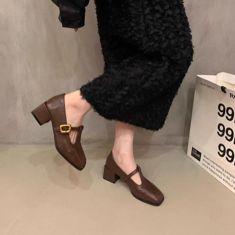 Niche design thick heel single shoes early autumn square head small leather shoes retro Mary Jane shoes women's shoes