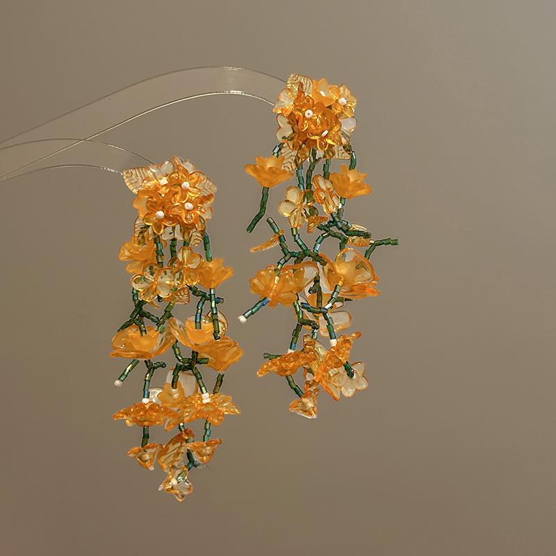 

Желтые акриловые бусины под стекло, серьги с бахромой в виде цветка, модные свежие пусеты, милые универсальные серьги