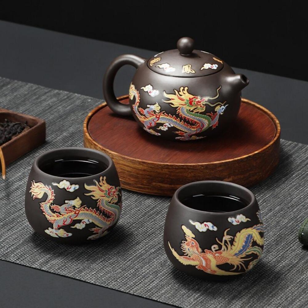 Ceramic Purple Clay Teapot Color-changing Hand-made Teapot Tea Cup Set Dragon and Phoenix Design Infuser Teapot Tea Maker