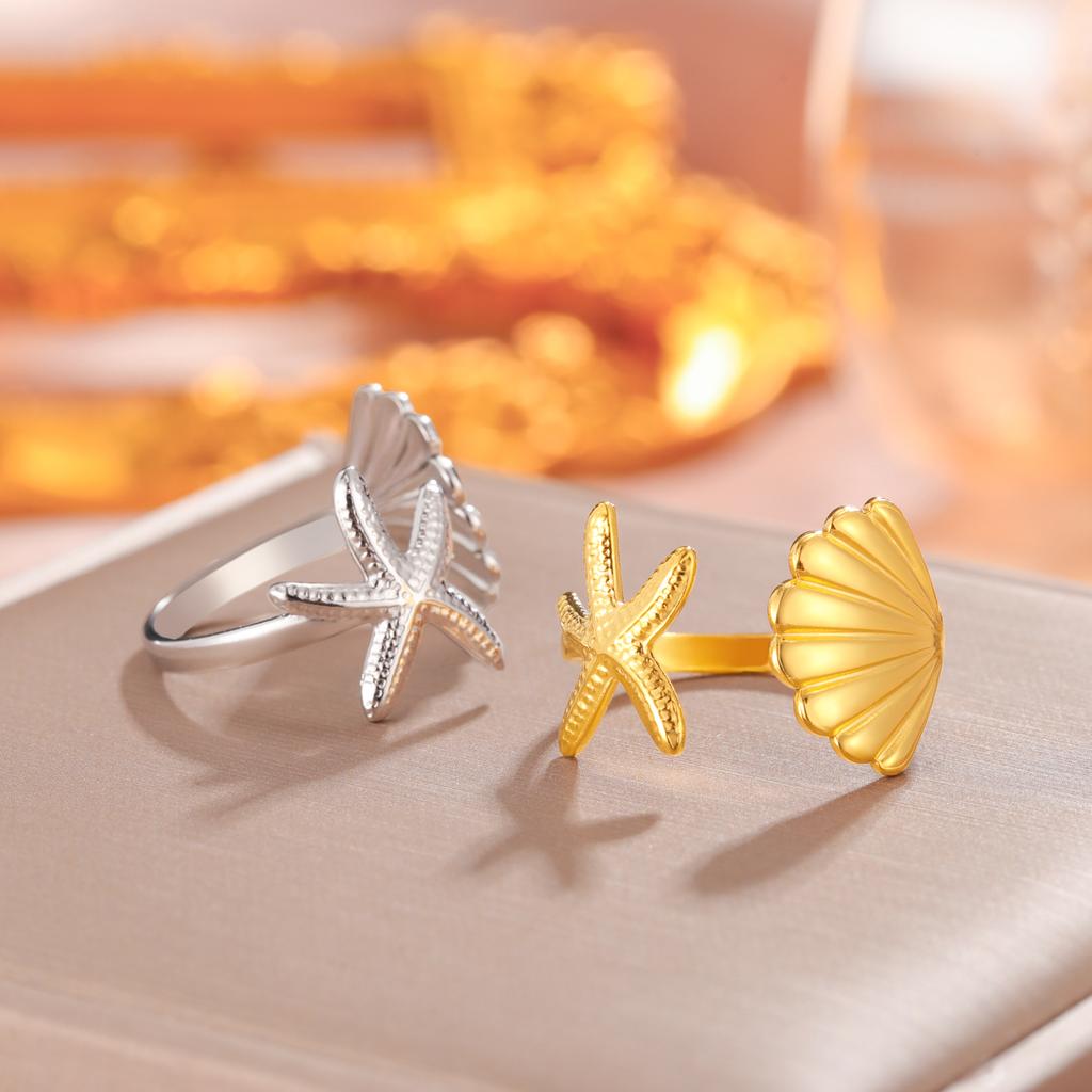 Cazador Adjustable Shell Starfish Rings for Women Stainless Steel Summer Beach Jewelry Gold Color Open Finger Rings 2026 Trendy