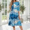 Women's Casual Mid-Length Dress with Round Neck Hawaiian Print Three-Quarter Sleeve Comfortable Fit Summer Dress for Daily Wear