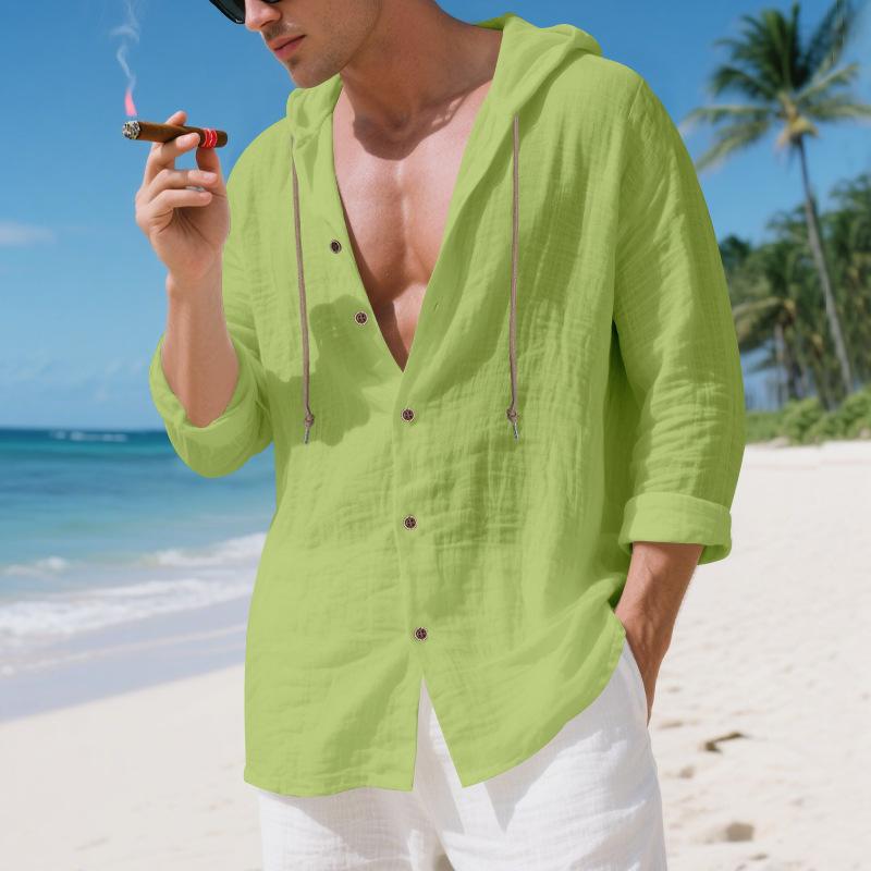 Mens Linen Hooded Long Sleeve Open Front Casual Beach Shirt