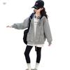 Girls' Grey Embroidered Badge Hooded Zipper Sweatshirt - Spring/Autumn Casual Loose Fit Jacket