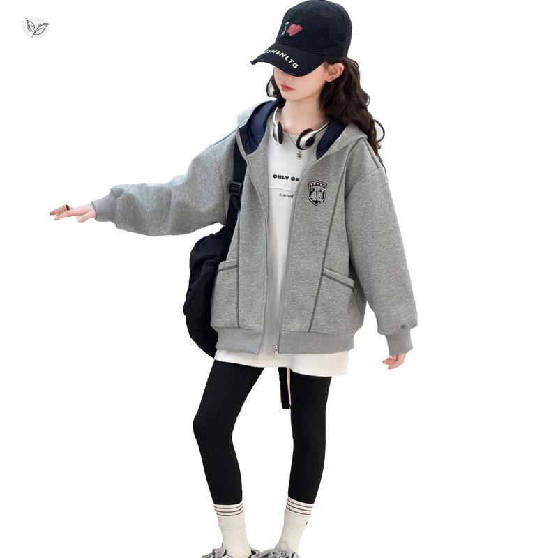 Girls' Grey Embroidered Badge Hooded Zipper Sweatshirt - Spring/Autumn Casual Loose Fit Jacket