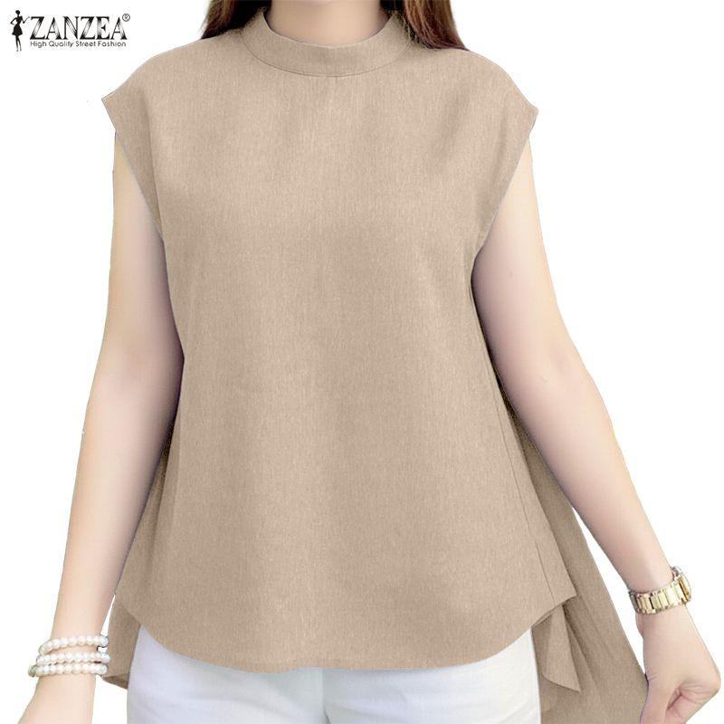 ZANZEA Women Casual Stand Collar Short Sleeve Irregular Blouse