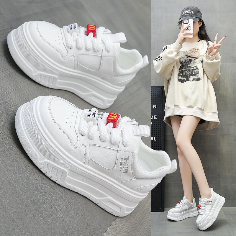 Platform white shoes women's 2025 spring new round head lace-up versatile height-increasing sports and leisure board shoes