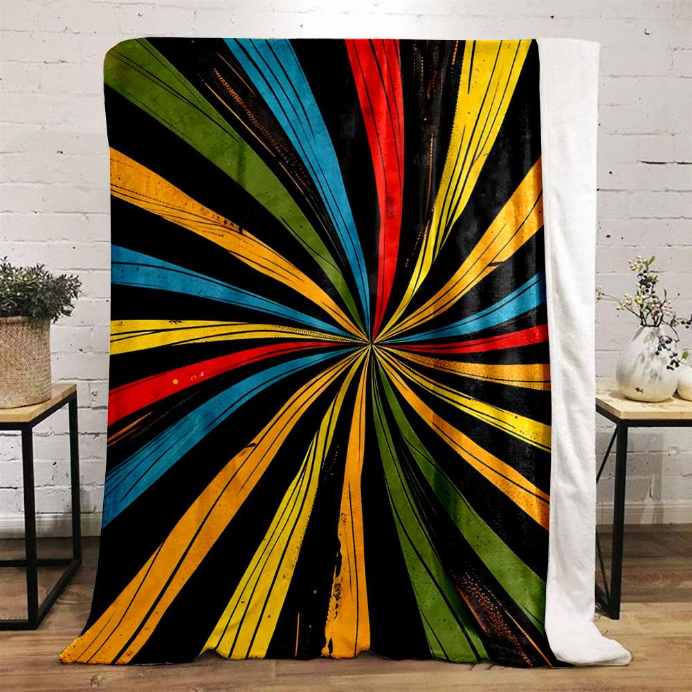 Radiating, colorful streaks converge toward a central point on a black background. for all seasons blanket lunch break throw gift
