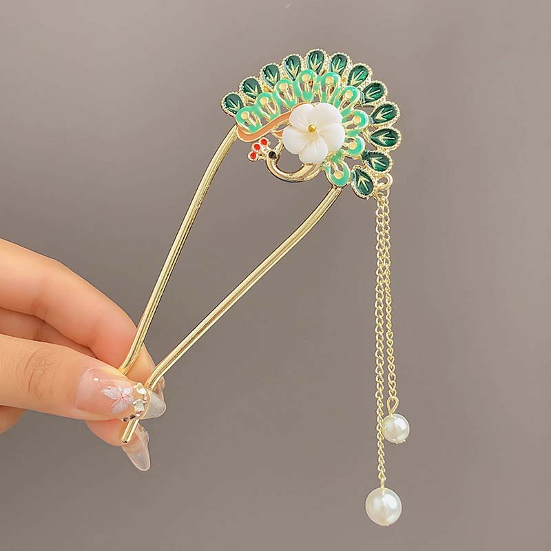 Eleganter Haarkamm im chinesischen Stil mit floralem U-förmigem Design, Quasten-Haarstab, luxuriöses Frisur-Accessoire, Damenschmuck, Haarnadel