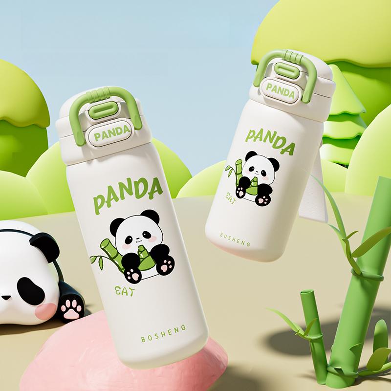 Edelstahl Thermobecher niedlicher Panda Strohhalm Wasserbecher Kinder und Studenten doppelter elastischer Deckel Tide Play Sportwasserbecher