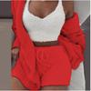 Women's Loose Fit Three Piece Loungewear Long Sleeve Fuzzy Cardigan V Neck Tank Drawstring Waist Shorts Winter Solid Tracksuit