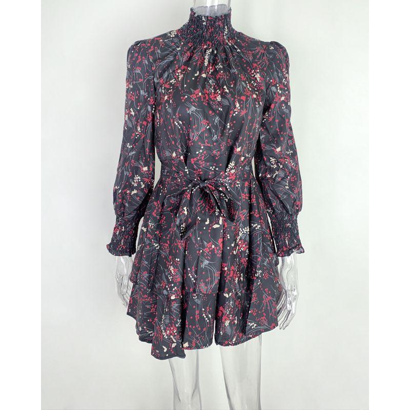 

2023 Цветочное платье с присборенной талией на завязке, круглым вырезом и оборками Black XL