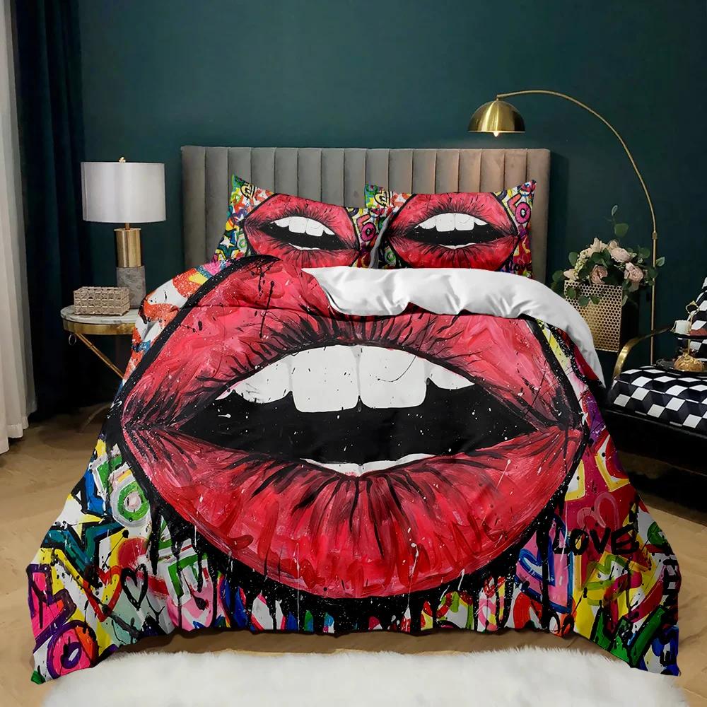 Lip Duvet Cover Set Golden Lip Bedding Set Sexy Adult Couple Twin Polyester Comforter Cover 3D Kiss Marks Double Queen King Size